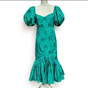 Vintage 80s Emerald Green Jacquard Mermaid Dress Puff Sleeve Formal Prom Gown